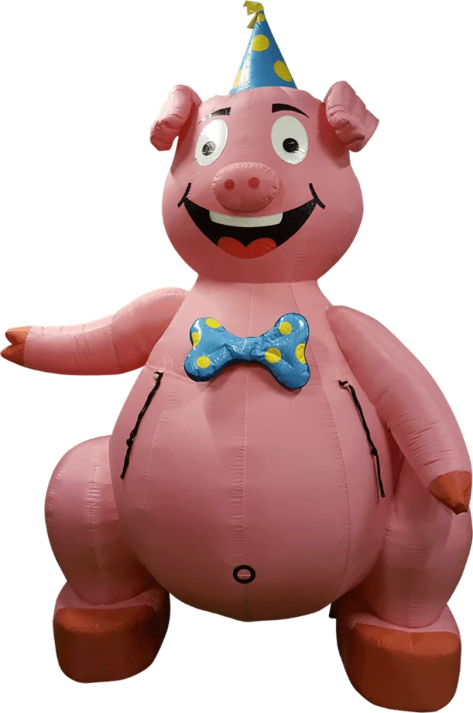 Een vrolijk, megagroot roze opblaasbaar feestvarken, perfect als opvallende blikvanger voor verjaardagen, jubilea en feestelijke gelegenheden.