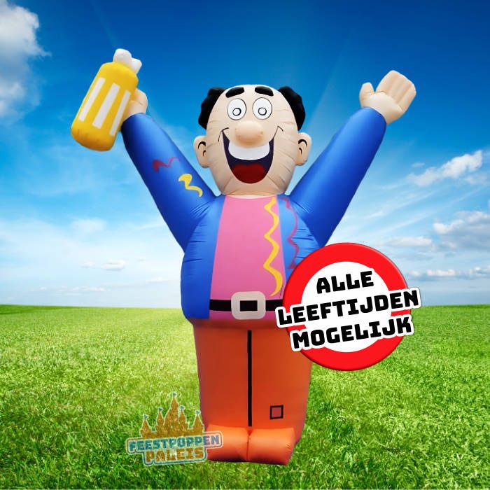 Opblaasbare jarige party man, 3,5 meter hoog, perfect voor een vrolijk verjaardagsfeest. Voor elke leeftijd geschikt.