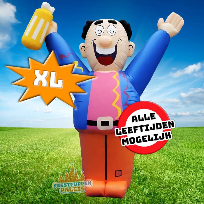 Opblaasbare jarige party man, 4,5 meter hoog, perfect voor een vrolijk verjaardagsfeest. Voor elke leeftijd geschikt. Bekend van TV, de Bauers.