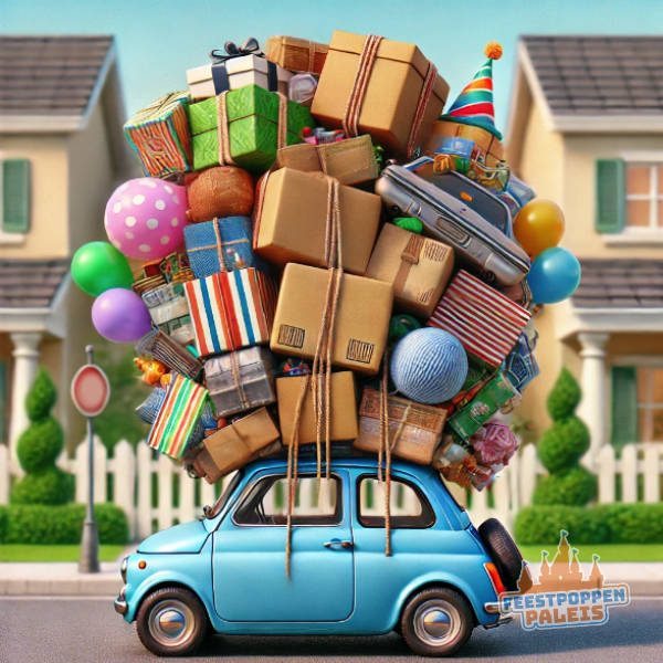 Een kleine auto die komisch overbeladen is met een enorme stapel spullen, waaronder dozen, ballonnen en een grote feestpop bovenop. De auto lijkt bijna te bezwijken onder het gewicht.