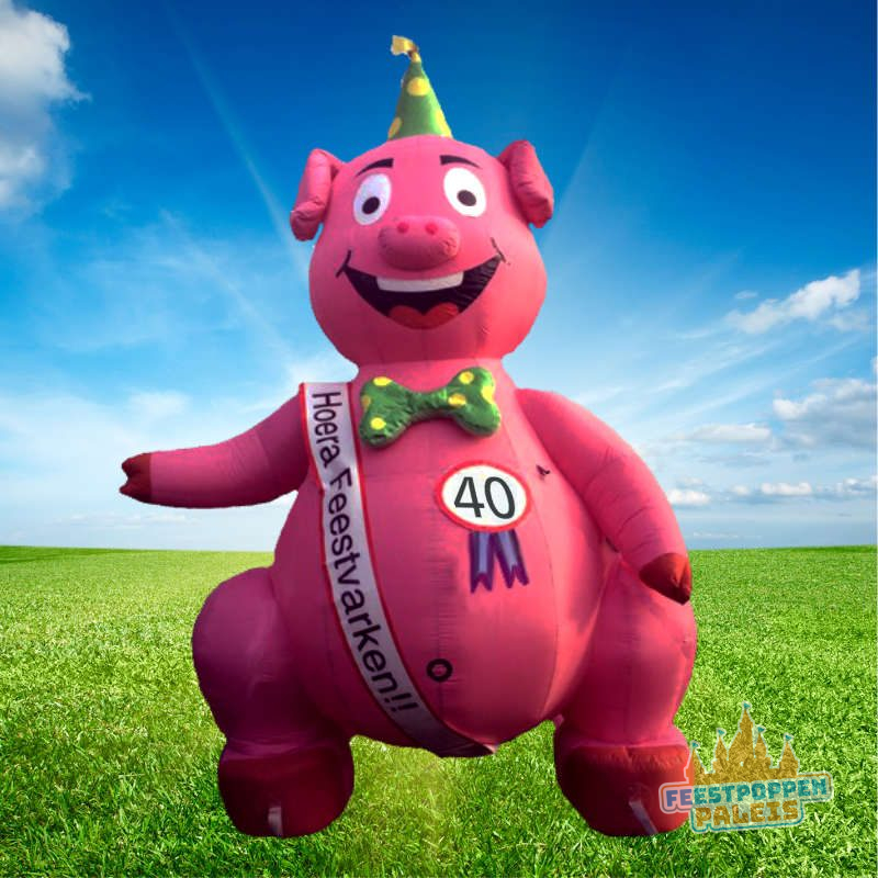 Roze opblaasbaar feestvarken, perfect voor verjaardagen en voorzien van elke leeftijd, zoals 40 jaar.