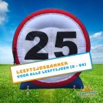 Opblaasbaar leeftijdenbord met een rood-wit verkeersbordontwerp en het getal 25 in het midden. Een banner eroverheen geeft aan dat het geschikt is voor alle leeftijden (0-99 jaar).