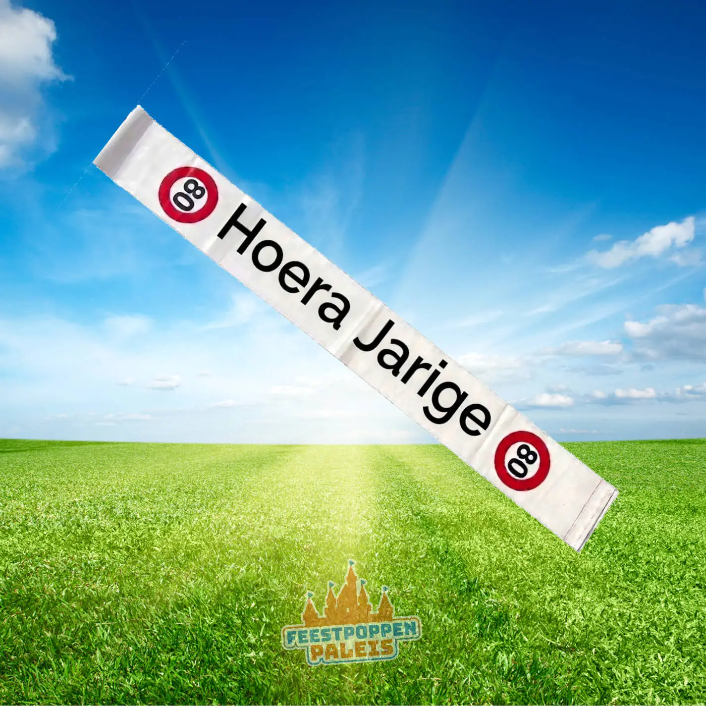 Feestende Vrouw banner - sjerp "HOERA JARIGE 80 jaar"