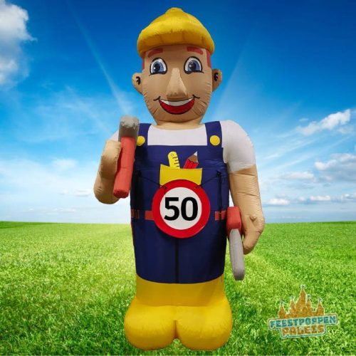 Hilarische Abraham bouwvakker opblaaspop, perfect voor een 50e verjaardagsfeest met een knipoog naar het vak!