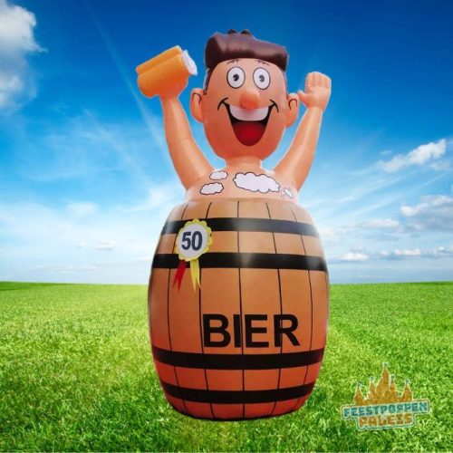 Pikante opblaasbare Abraham in biervat – perfect voor een grappige en nét iets stoutere verjaardagssurprise.