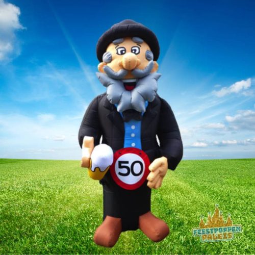 Leuke opblaaspop van Abraham met een L bierpul, perfect voor een 50e verjaardagsfeest met een feestelijke en humoristische twist.