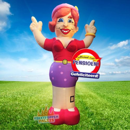 Opblaasfiguur van een feestende vrouw, perfect om de pensionada in het zonnetje te zetten en haar pensioen groots te vieren met familie, vrienden en collega’s.