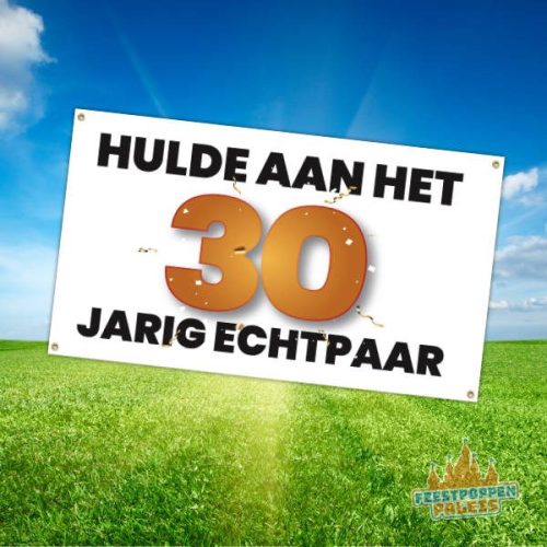 Feestelijke banner met de tekst "Hulde aan het 30-jarig echtpaar", versierd met vrolijke kleuren en een feestelijke uitstraling.