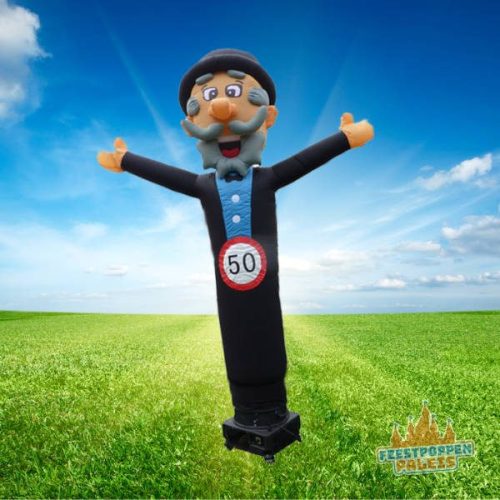 Vrolijke Abraham skydancer te huur via Feestpoppenpaleis.nl, perfect voor het opvrolijken van je feest of evenement met bewegende luchtdanser.