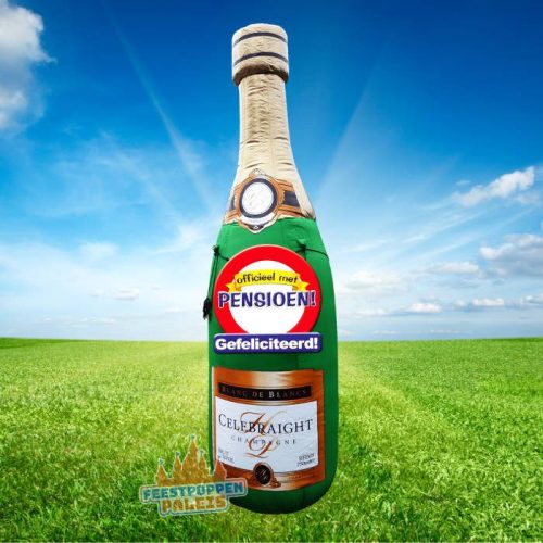 Opvallende opblaasbare champagnefles, dé blikvanger voor het pensioenfeest. Perfect om de pensionado in het zonnetje te zetten en de hele buurt te laten weten dat er iets te vieren valt!