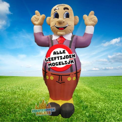 Vrolijke opblaasfiguur van een feestende jarige man, geschikt voor elke leeftijd en elk jubileum, compleet met leeftijdsbanner naar keuze.