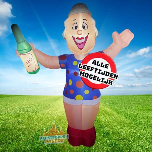 Zet de jarige in het zonnetje met deze vrolijke party vrouw opblaaspop voor binnen! Met verwisselbare leeftijdsborden van 0 tot 100 jaar, past in elke auto met ingebouwde en geluidsarme blower voor binnengebruik.
