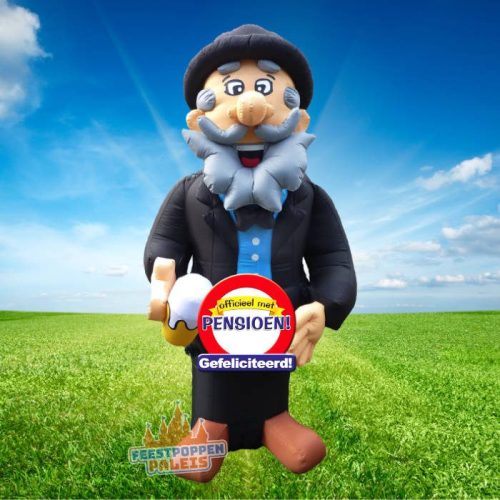 Stoere opblaasbare man met bierpul van 3,5 meter hoog, dé eyecatcher voor een pensioenfeest dat je niet snel zult vergeten. Perfect voor een pensionado die zijn nieuwe vrijheid met een biertje wil vieren!