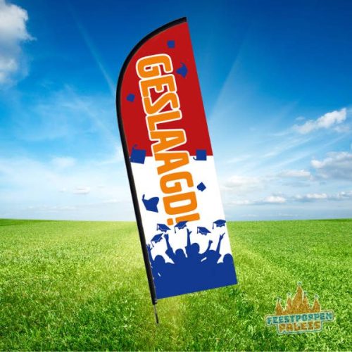 Feestelijke vlag met de tekst "GESLAAGD!" in witte en oranje letters op een rood-wit-blauwe achtergrond, versierd met afstudeerhoedjes en een juichende menigte.