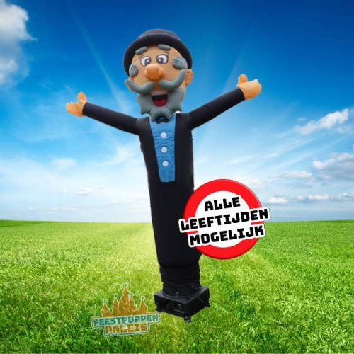 Jarige man als skydancer, wiegend en feestend in de lucht voor een onvergetelijke verjaardag, voor elke leeftijd een banner beschikbaar.