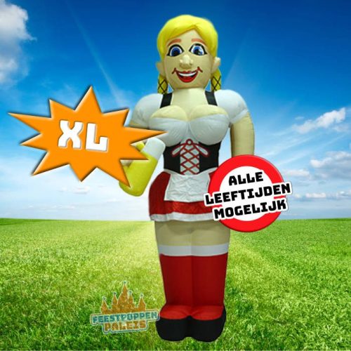 Feestelijke opblaaspop van 4 meter hoog: vrolijke jarige Tiroler vrouw in traditionele outfit, geschikt voor elke leeftijd en ieder jubileum.
