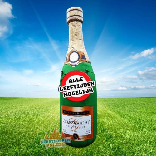 Gigantische opblaasbare champagnefles met pensioenbanner, dé feestelijke eyecatcher om de pensionado in het zonnetje te zetten op zijn of haar afscheidsfeest.