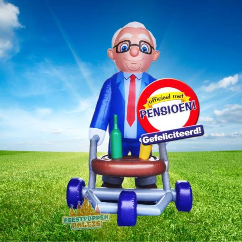 Maak het pensioenfeest extra speciaal met deze feestelijke opblaasbare dorstige man met rollator. Een unieke decoratie die zorgt voor een onvergetelijke entree en veel plezier bij de gasten.