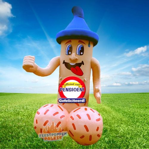 Originele opblaasfiguur in de vorm van een ouwe lul, perfect om een afscheid extra opvallend en met een knipoog te vieren. Deze opvallende pop zorgt direct voor een feestelijke sfeer en veel gelach op het pensioenfeest.