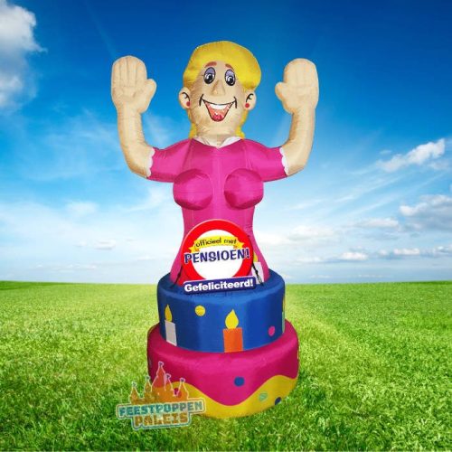 Karakteristieke ouwe taart opblaasfiguur, perfect als ludieke blikvanger bij het pensioen van een collega of vriendin die wel van een geintje houdt.