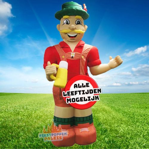 Vrolijke opblaasfiguur van een Tiroler man, ideaal als feestelijke verrassing voor een verjaardagsfeest, gegarandeerd een lach bij jong en oud dankzij zijn opvallende Tiroler look. Voor elke leeftijd geschikt.
